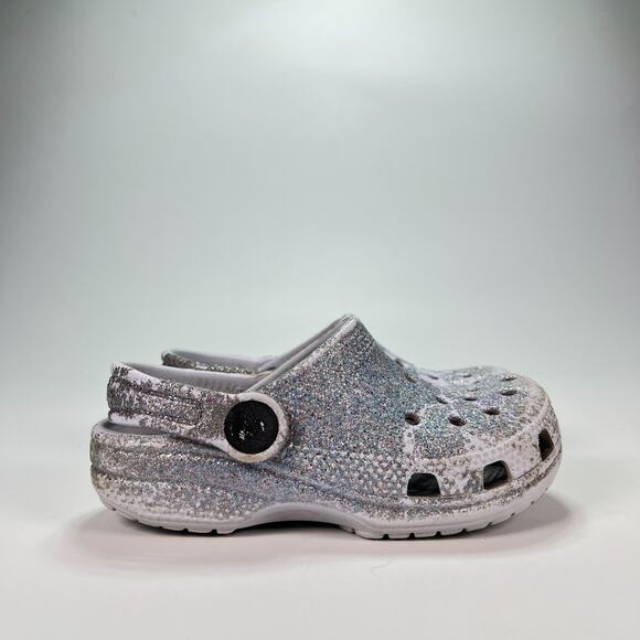 Crocs Gray Classic Clogs Glitter Sparkle Slip On Shoes 206992 Youth Size C9 - Picture 1 of 9